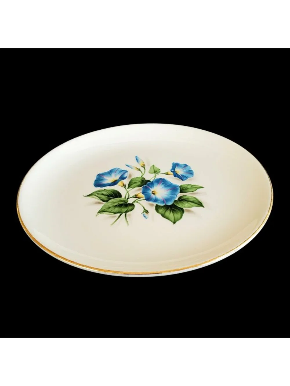 Vintage Ceramic Plate Blue Morning Glory Floral Gold Trim 8 Inch